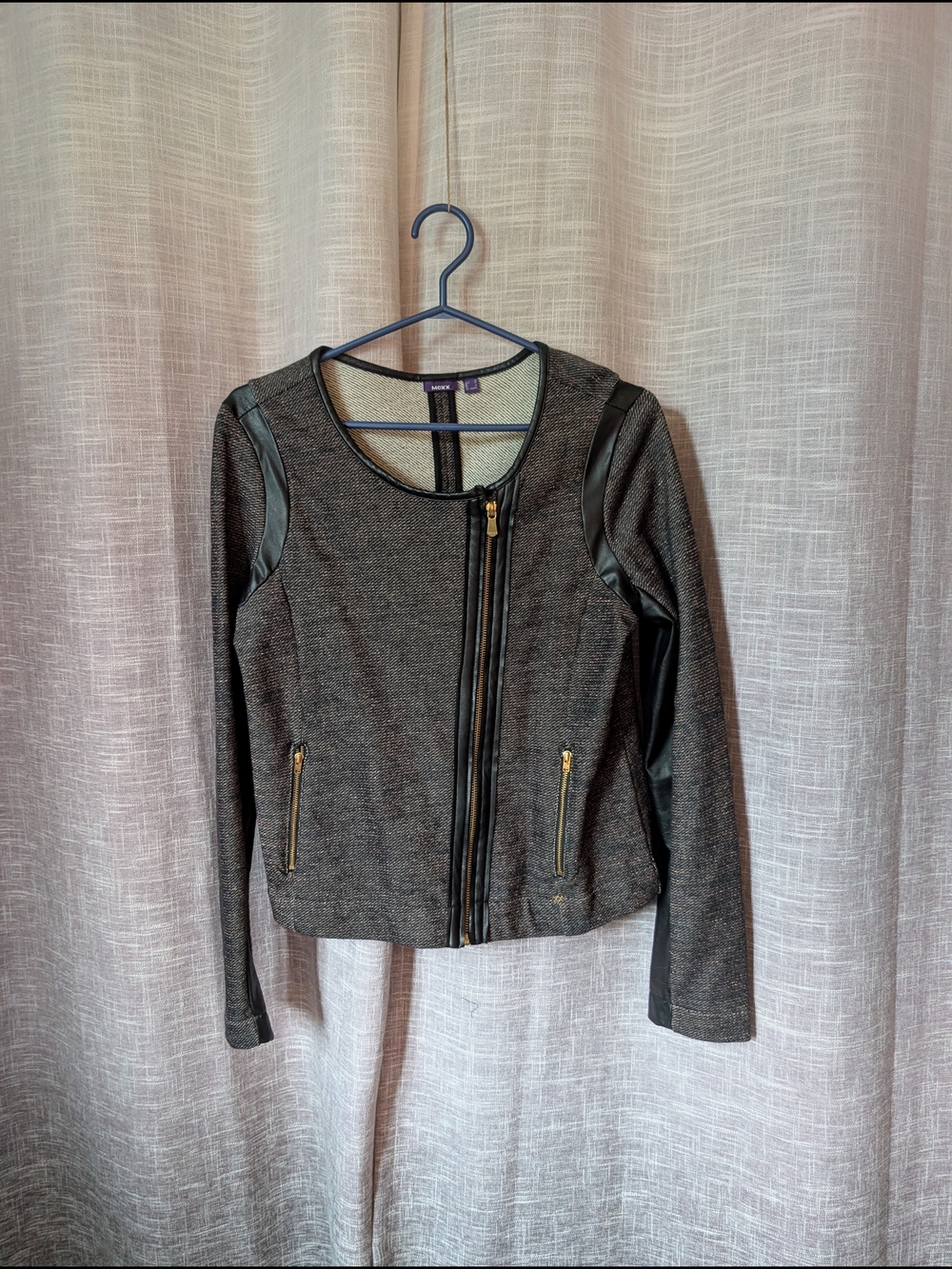 MEXX Textured Black Moto-Style Women's Jacket with Leather Trim